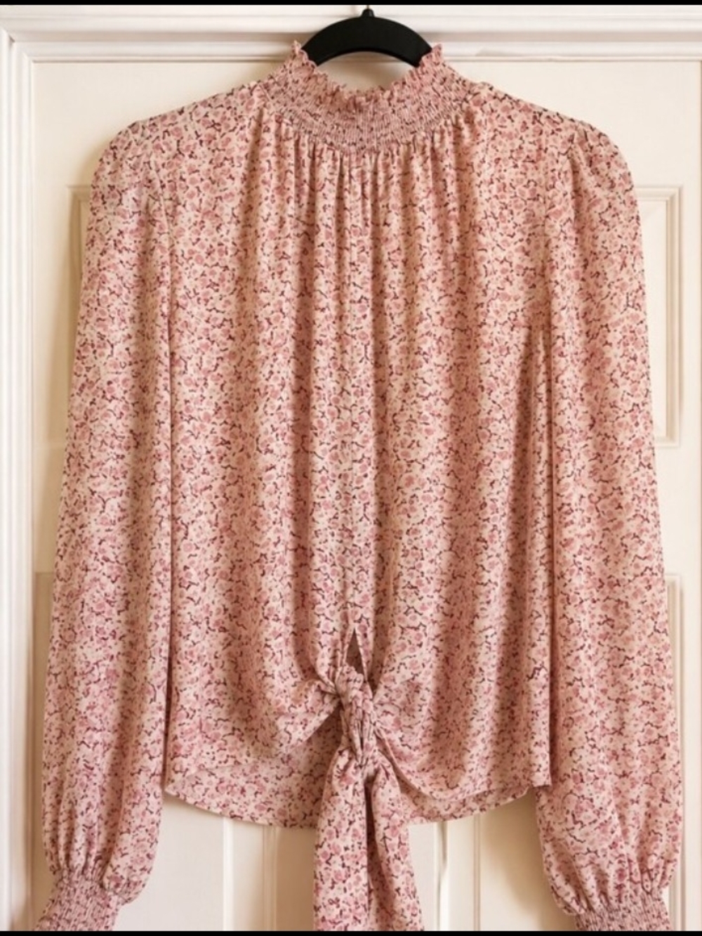 Rachel Zoe Pink Floral Smocked Mock Neck Tie Blouse Cottagecore M